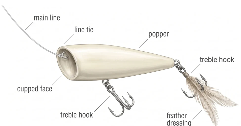 Labelled illustration of a popper lure
